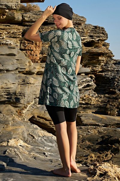 Ruko Maio Rukomayo Green Floral Patterned Half Sleeve Lycra ( Flexible and Water Repellent ) Fabric Semi Hijab Swimsuit