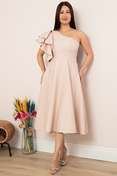 PULLIMM Ασημί φόρεμα με έναν ώμο με λεπτομέρεια βολάν 13408