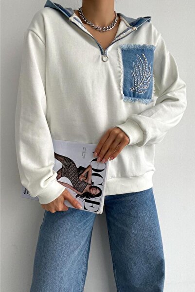 FEMELLE Women's New Season Pearl Studded Denim Detailed Hooded Oversize Sweatshirt