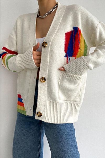 FEMELLE Standard Size Ecru Patterned Tasseled Oversize Knitwear Cardigan