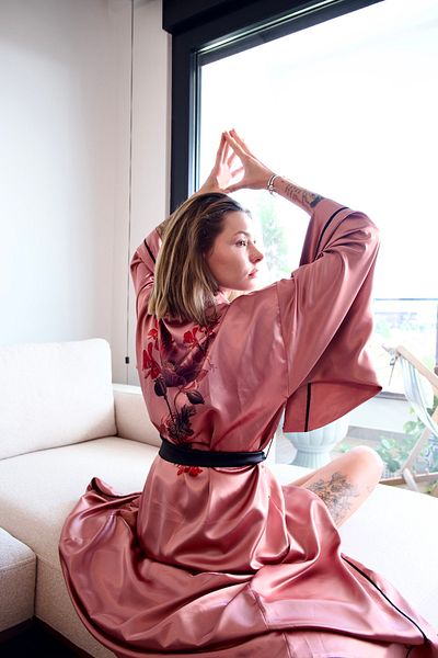 Mita Concept Dried Rose Satin Bat Sleeve Kimono