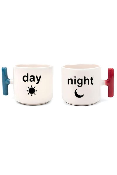 GünayStore Day & Night Printed Lover Couple Mug with Colored T Handle