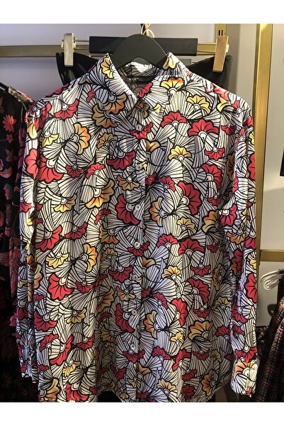 Quzu Ekru Çiçek Desenli Saten Gömlek