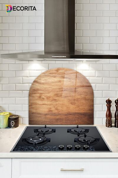 Decorita Cam Ocak Arkası Koruyucu | Oval Şekilli | Ahşap Görünümlü | 52cm X 60cm