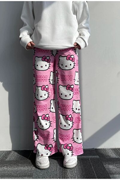 Genel Markalar Pembe Kitty Cat Oversize Bol Paça Pijama Altı Eşofman