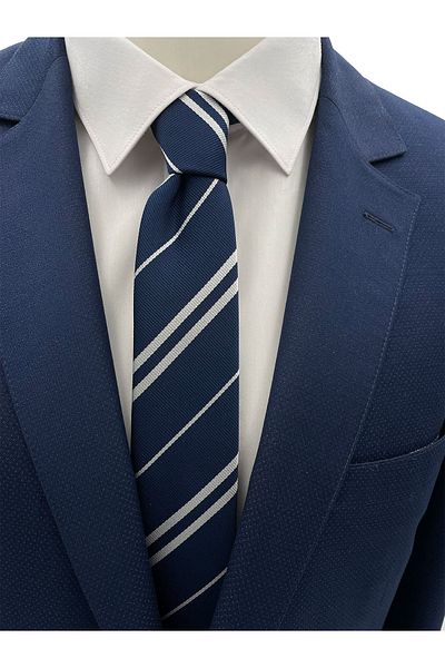Brianze Navy Blue White Striped Slim Tie