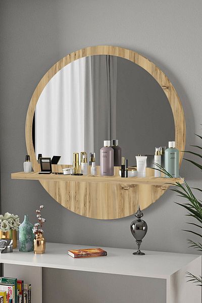 TARZDESİGN Round Shelf 45cm Hallway Dresuar Sideboard Wall Living Room Bathroom Office Children's Bedroom Shelf Mirror