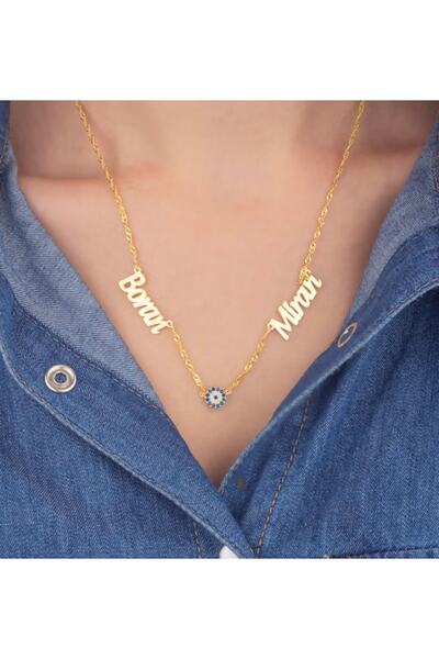 1H2M Hediyelik 925 Ayar Gümüş 14 Ayar Altın Kaplama 2 Nazar Boncuklu Isimli K...