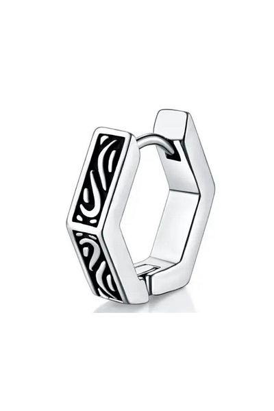 Jaida Moda Men's Silver Pentagonal Tribal Striped Retro Steel Hoop Earrings