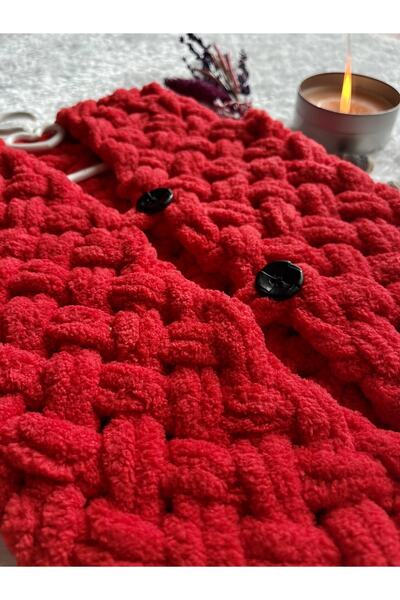 Alize Puffy fine Kırmızı El Örgüsü Bebek Yeleği 0-2 Yaş