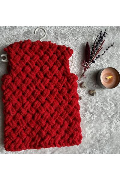 Alize Puffy fine Kırmızı El Örgüsü Bebek Yeleği 0-2 Yaş