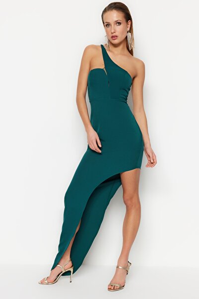 Trendyol Collection Smaragdově zelené tkané dlouhé večerní šaty TPRSS23AE00035