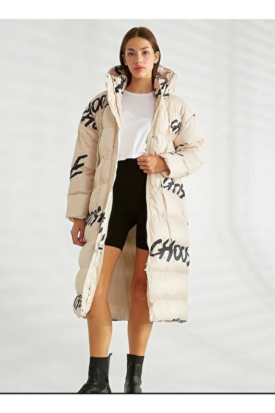 Çnru Oversize Pattern Long and Thick Puffer Jacket with Hooded Zipper and But...