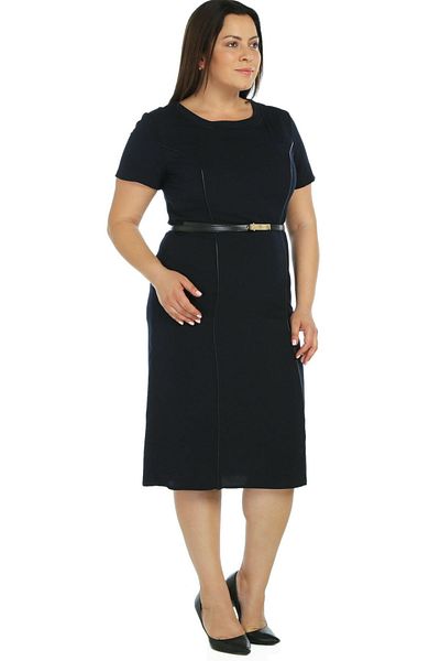 Nidya Moda Large Size Leather Piping Navy Blue Dress-4084dl