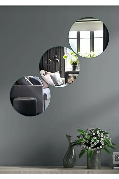 Compass Dekoratif Yuvarlak Gümüş Ayna Pleksi Duvar Süsü 2 Adet 30x30