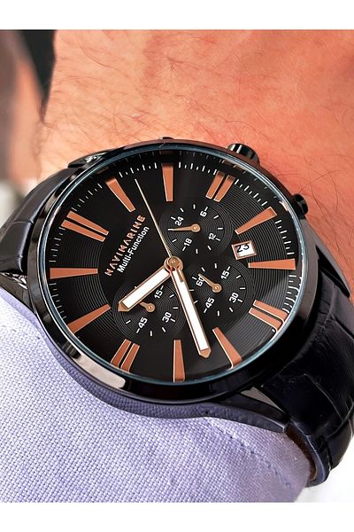 Navimarine Black Color Leather Strap Men's Wristwatch Bracelet Gift