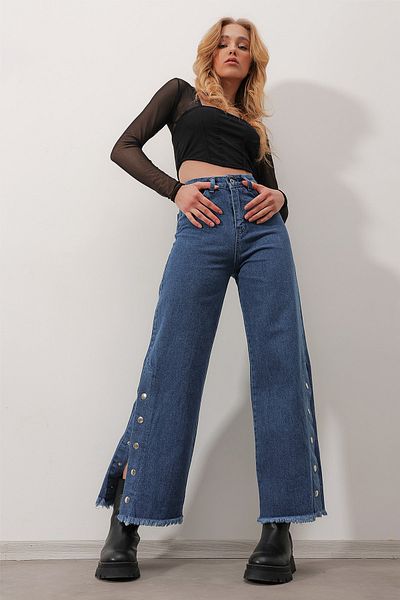 Trend Alaçatı Stili Women's Blue High Waist Side Snaps Palazzo Jean Trousers ALC-X9825