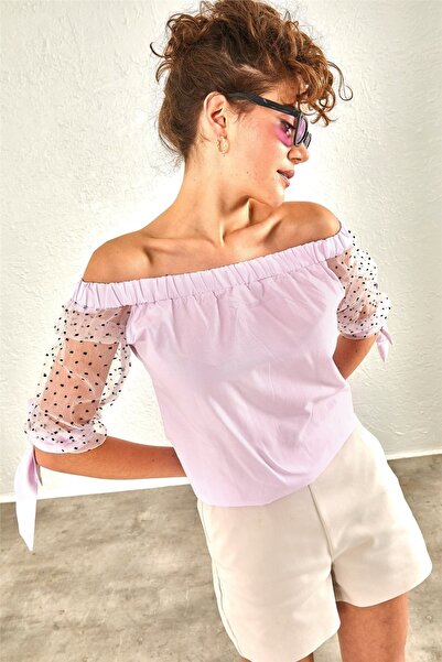 oshebu Λιλά – Γυναικεία μπλούζα με γιακά Madonna με μανίκια από τούλι