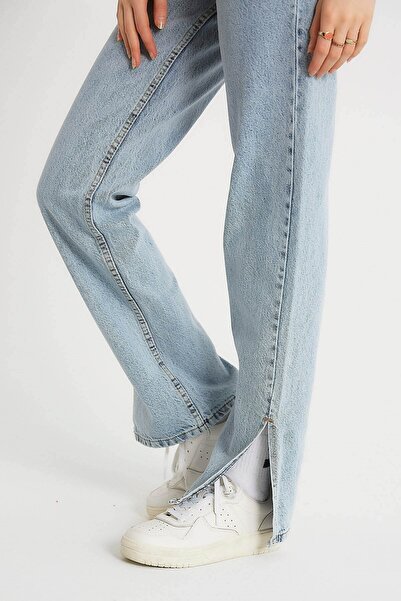 Livik Bella Kadın Mavi Dıştan Yırtık Likralı Süper Yüksek Bel Bol Paça Toparlayıcı Solmaz Kot Pantolon