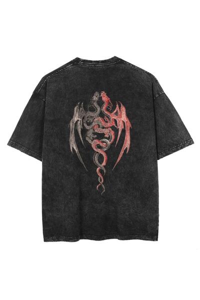 Touz Niiss Butik Twin Dragon З принтом на спині Унісекс Потертий T-shirt