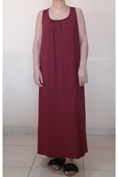 Mertcan Butik Gathered Front and Back Dark Burgundy Strap Combed Cotton Viscose Dress