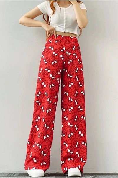 Gofeel Unisex Peter Parker White T-shirt & Red Colored Spiderman Wide Leg Sweatpants Double Set