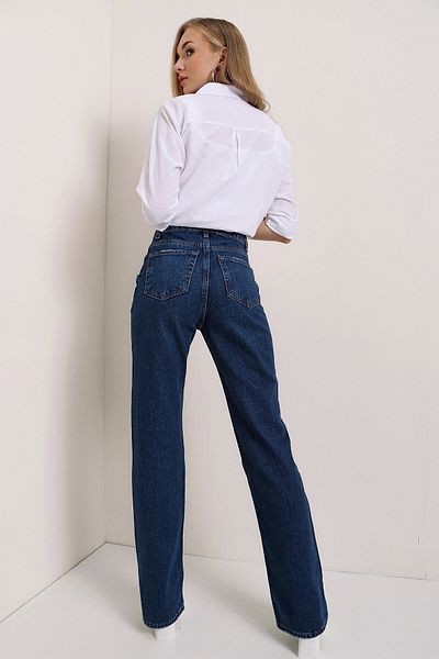 Trn JNS Pantaloni largi din lycra albastru închis Camelia anii 90. cu talie super înaltă. (Super High.) Picior lat.