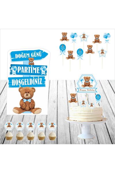 SİYAH PARTİ EVİ Teddy Bear / Ayıcık Doğum Günü Masa Maketi / Pasta Süsü Seti