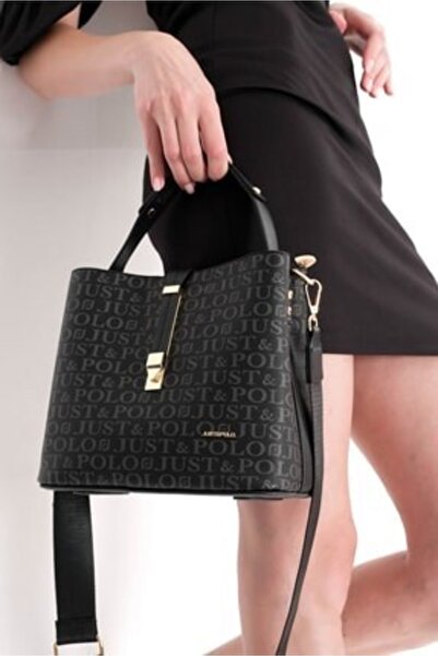 Just Polo Siyah Kadın Kilit Detaylı 3 Bölmeli El Ve Omuz Çantası 21x23cm Jp2098