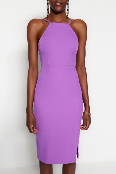 Trendyol Collection Lila Neckholder-Midikleid - Geschlitzter Bleistiftrock gewebt TWOSS19BB0501