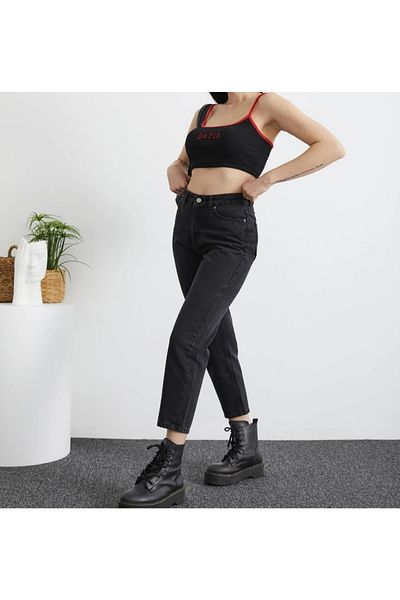 LAMİRA Μαύρο Fadeless Mom Jean Τζιν Παντελόνι Ευέλικτο Ψηλόμεσο