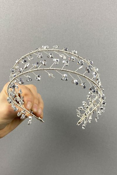 Hobigram Coroană de mireasă și henna cu mărgele de cristal Vela, gri argintiu, cu două rânduri – Coroană, cu pietre de cristal, model elegant – Coroană