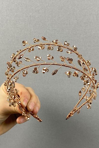 Hobigram Coroană de mireasă și henna cu mărgele de cristal Vela cu două rânduri de culoare trandafir – Coroană, cu pietre de cristal, model elegant – T