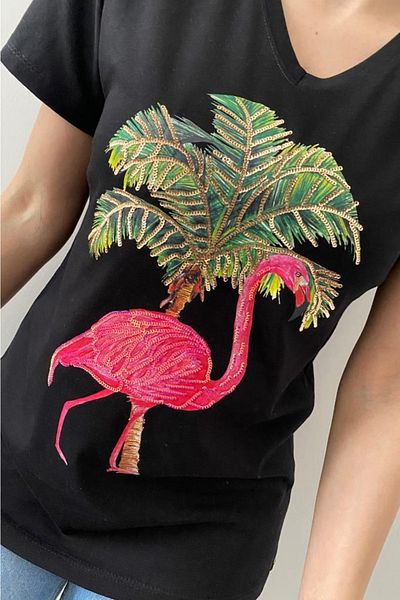 FEMELLE Tricou negru din bumbac cu decolteu în V Flamingo cu paiete brodat