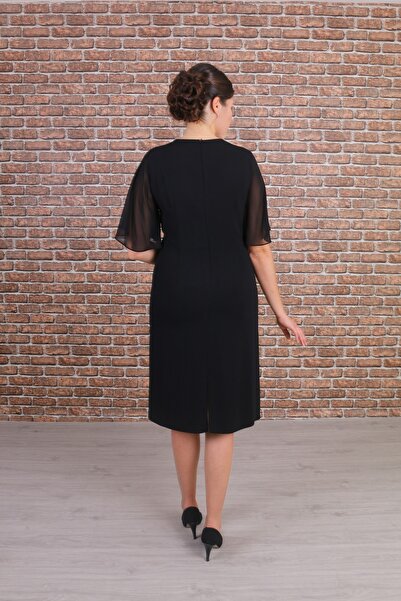 Nidya Moda Plus Size Women's Jewelled Collar Chiffon Sleeve Black Evening Dress-4158şs