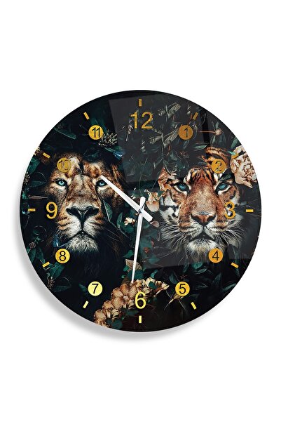 EMYA HOME Pictură din sticlă cu leu și tigru cu ceas