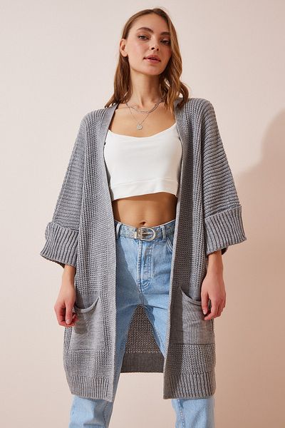 Happiness İstanbul Graue Oversize-Strickjacke mit langen Taschen für Damen AS00003