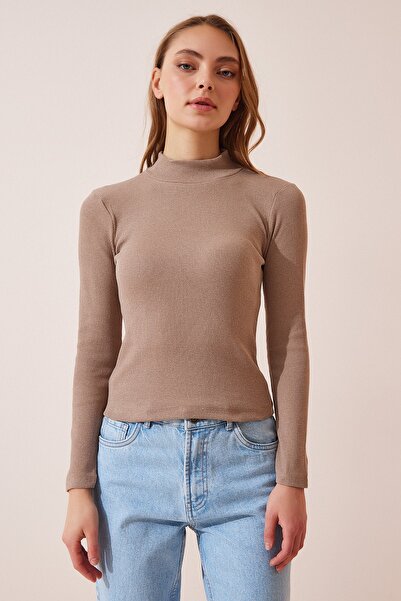 Happiness İstanbul Γυναικεία Πλεκτή Μπλούζα Κοτλέ ζιβάγκο Μπεζ GT00054