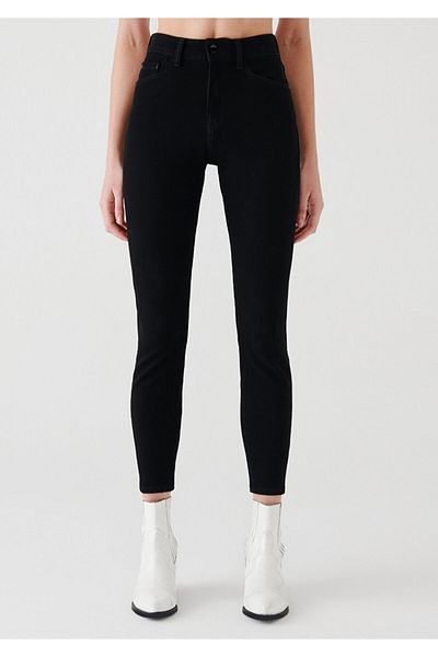 Trn JNS Olenkoni Pantaloni negri cu talie înaltă, slim fit, cu picior slăbănog, blugi color-fast