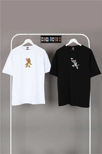 NewCabin Μπλουζάκι 2 τεμαχίων New Season Unisex Μαύρο Γκρι Oversize Ζευγάρι