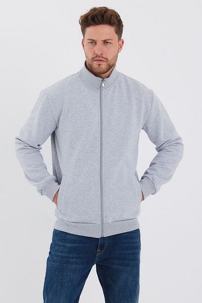 COMEOR Cotton Zippered Men's Gray Cardigan with Stand Collar and Side Pockets