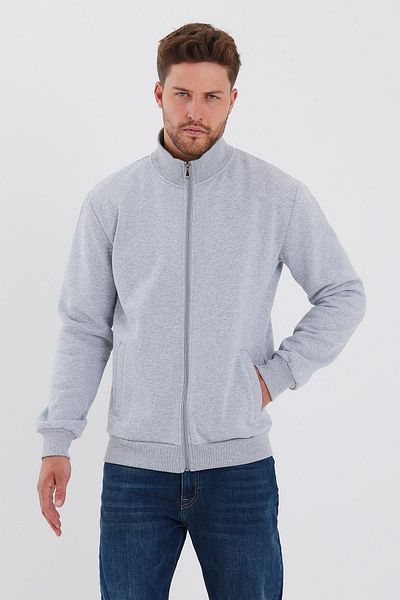 COMEOR Cotton Zippered Men's Gray Cardigan with Stand Collar and Side Pockets