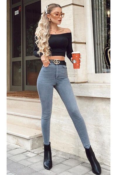Ramrod Patty Grey džínové kalhoty slim Fit s vysokým pasem z lycry