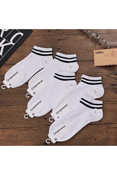 çorapmanya 5 Çift Beyaz Yarım Konç Çizgili Kadın Çorap