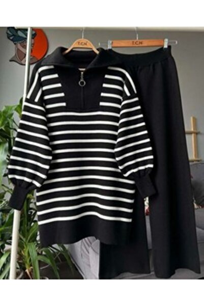 TCN Set de tricotaje cu mâneci cu balon cu fermoar cu guler Huqe 8060