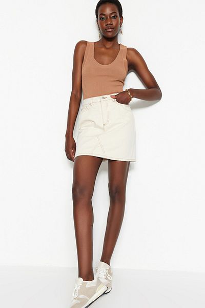 Trendyol Collection Джинсова спідниця з високою талією TWOSS20ET0181 Basic Ecru Basic пряма з високою талією