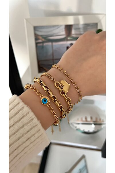 SU PERİSİ TAKI BİJUTERİ Çelik Gold Nazar Boncuklu Bileklik