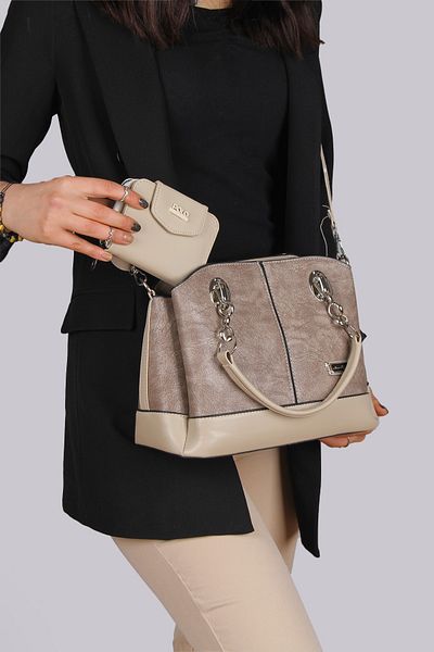 By Hakan Dm-803 Nubuck Wallet Combination Women's Handbag and Shoulder Bag Mink