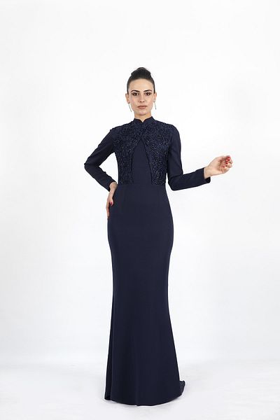 Nidya Moda Plus Size Women's Hijab Navy Blue Fish Long Evening Dress-4154l