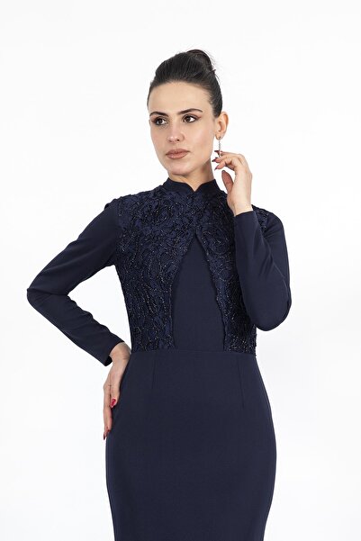 Nidya Moda Büyük Beden Kadın Tesettür Lacivert Balık Uzun Abiye Elbise-4154l